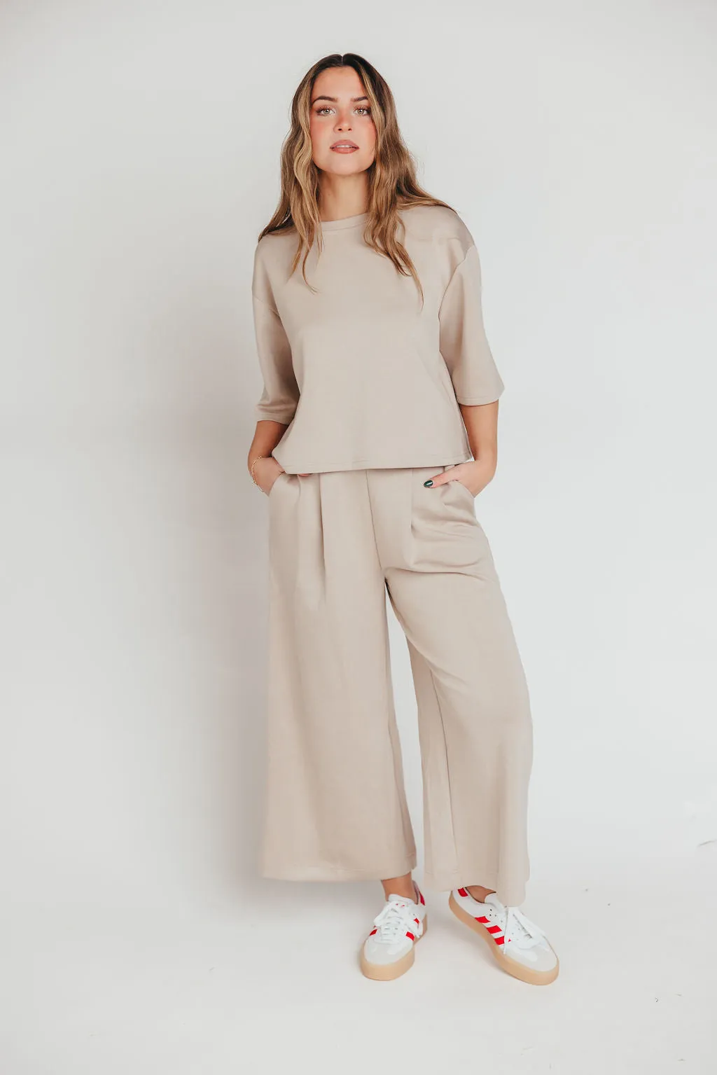 Bina Scuba Modal Cropped Wide Leg Pant in Taupe