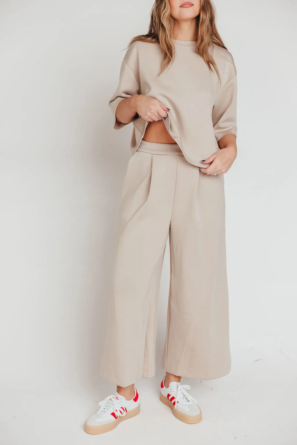 Bina Scuba Modal Cropped Wide Leg Pant in Taupe