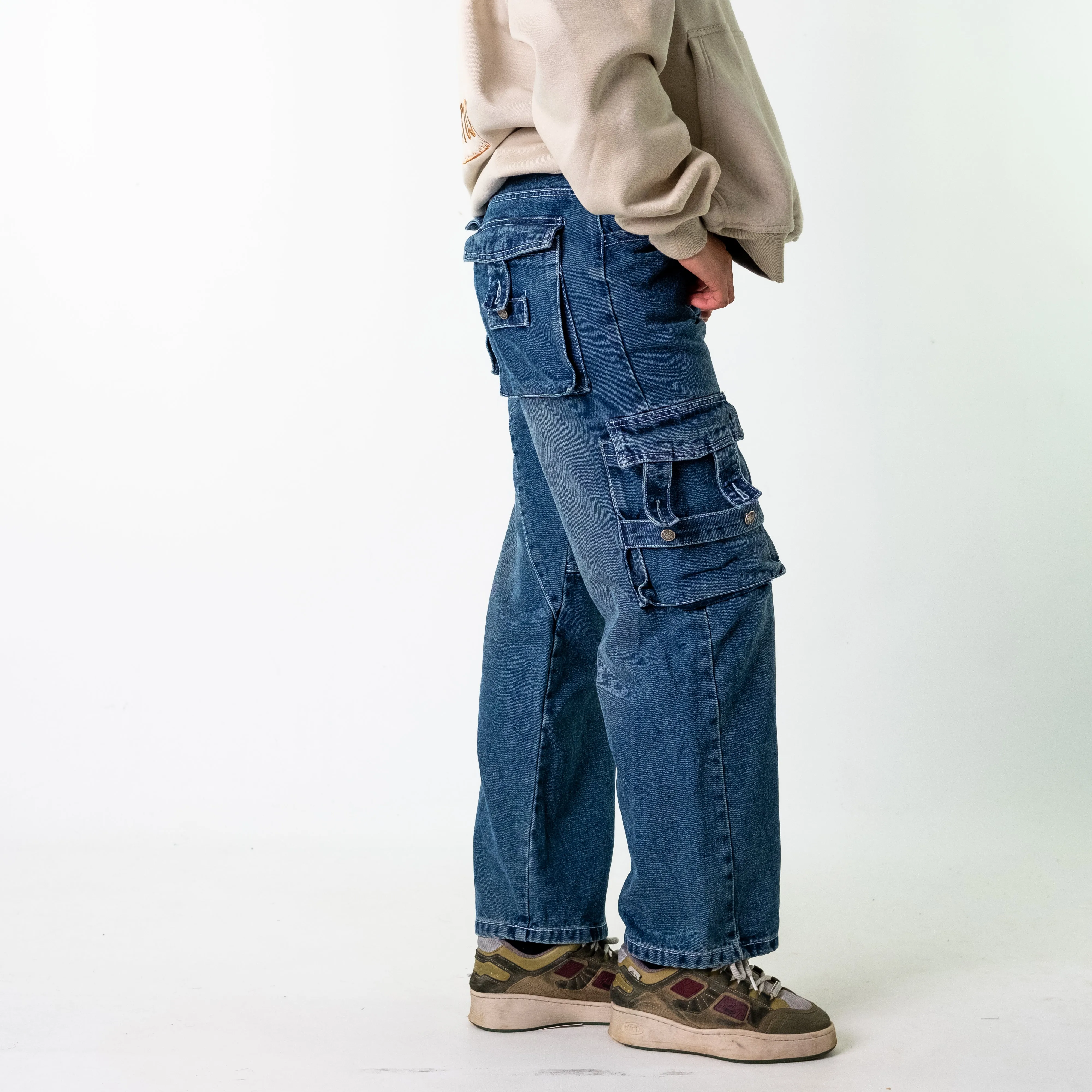 Blue Denim 90s Baggy Hip Hop  Cargo Skater Trousers Pants Jeans (28x30)