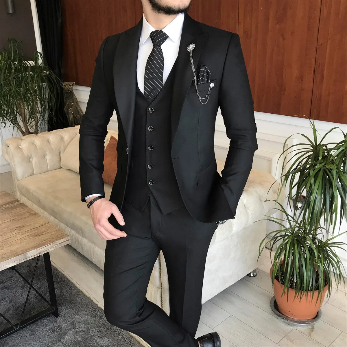 Bojoni Cagliari  Black Slim-Fit Suit 3-Piece