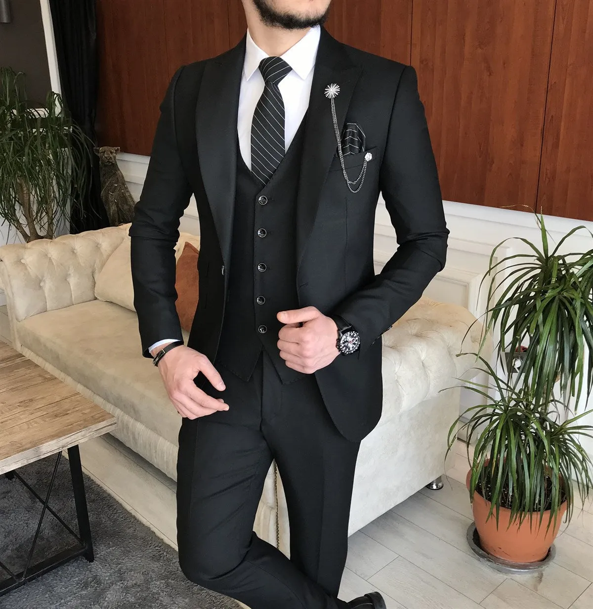 Bojoni Cagliari  Black Slim-Fit Suit 3-Piece