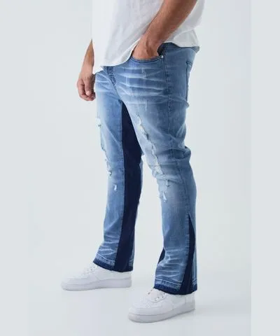 boohoo Mens Plus Ripped Gusset Detail Stretch Skinny Flared Jeans