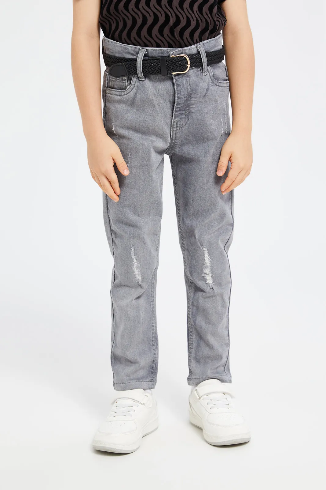 Boys Grey Belted Ripped Jeans