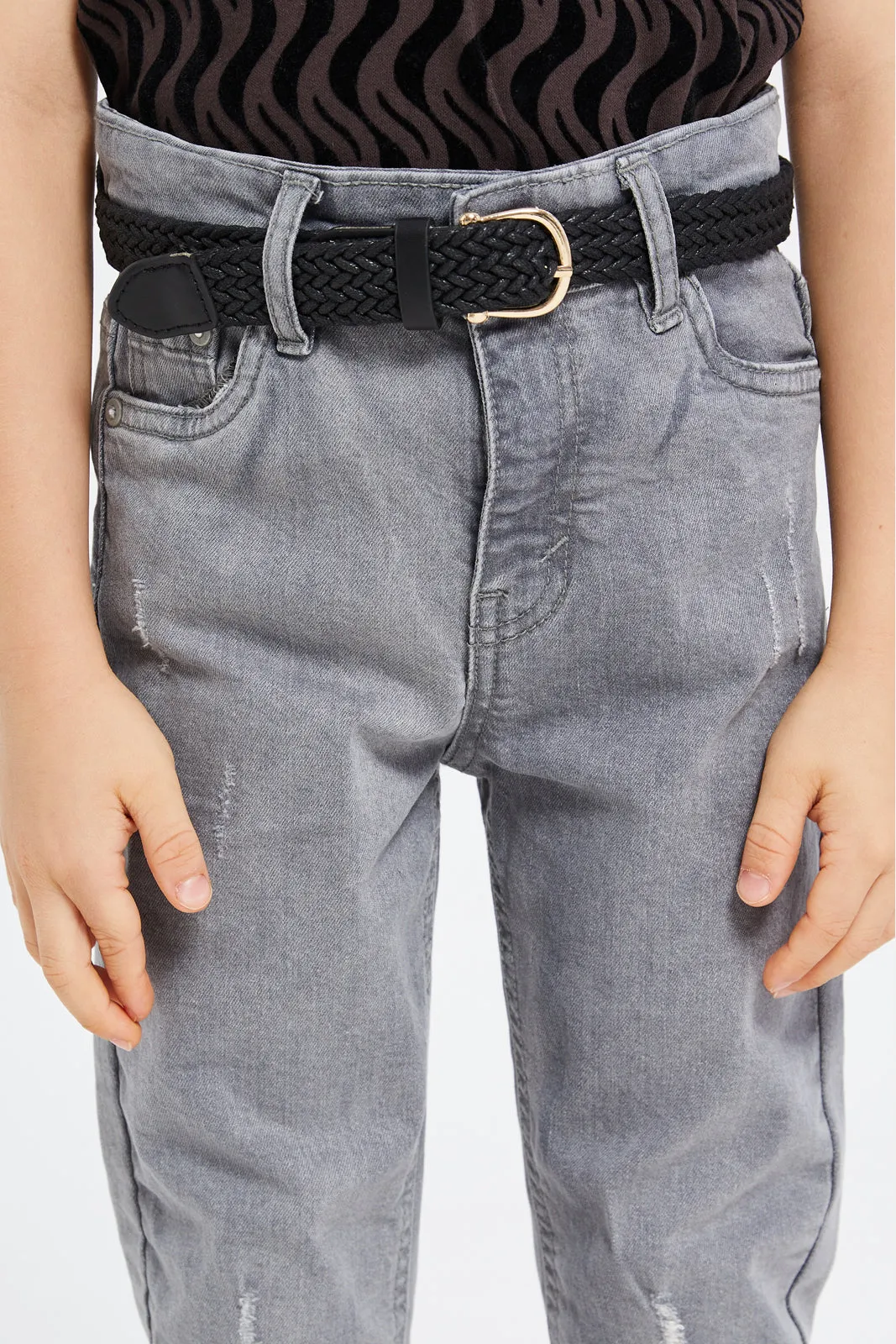 Boys Grey Belted Ripped Jeans