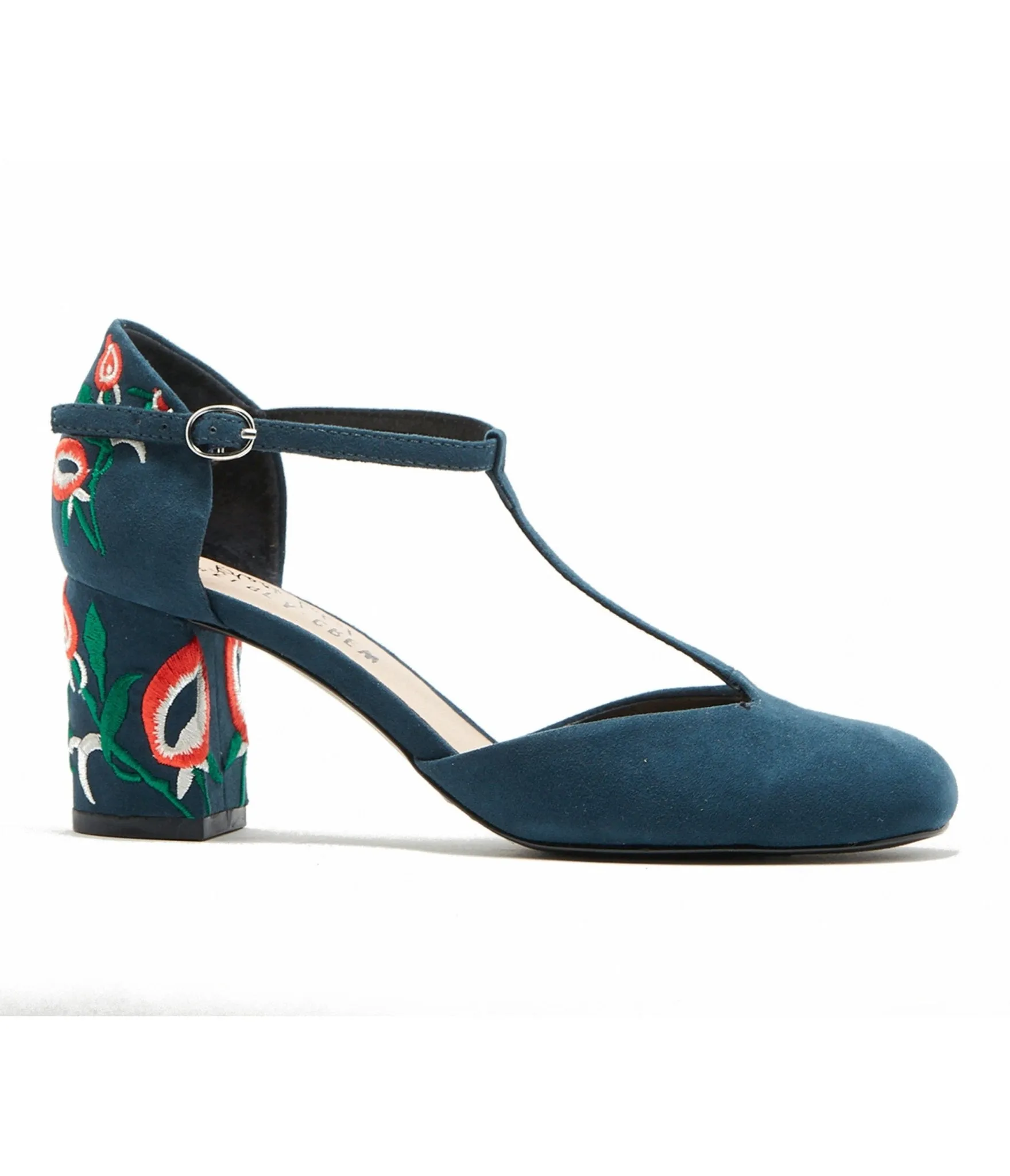 Chelsea Crew 1920s Navy T-Strap Embroidered Frenchie Heels