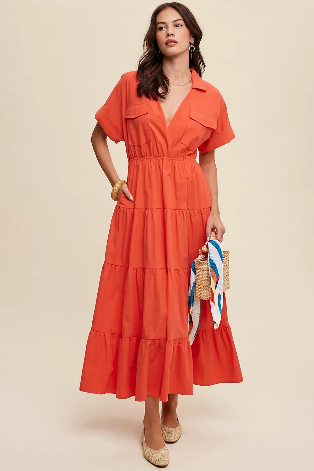 Collared Surplice Neckline Poplin Maxi Dress