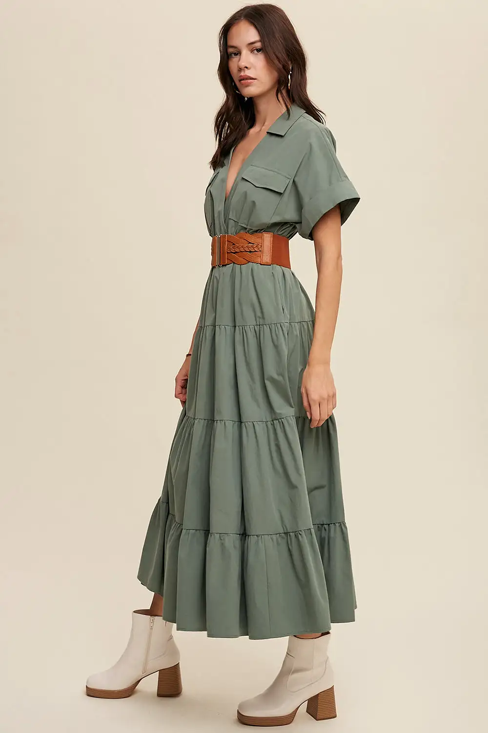 Collared Surplice Neckline Poplin Maxi Dress