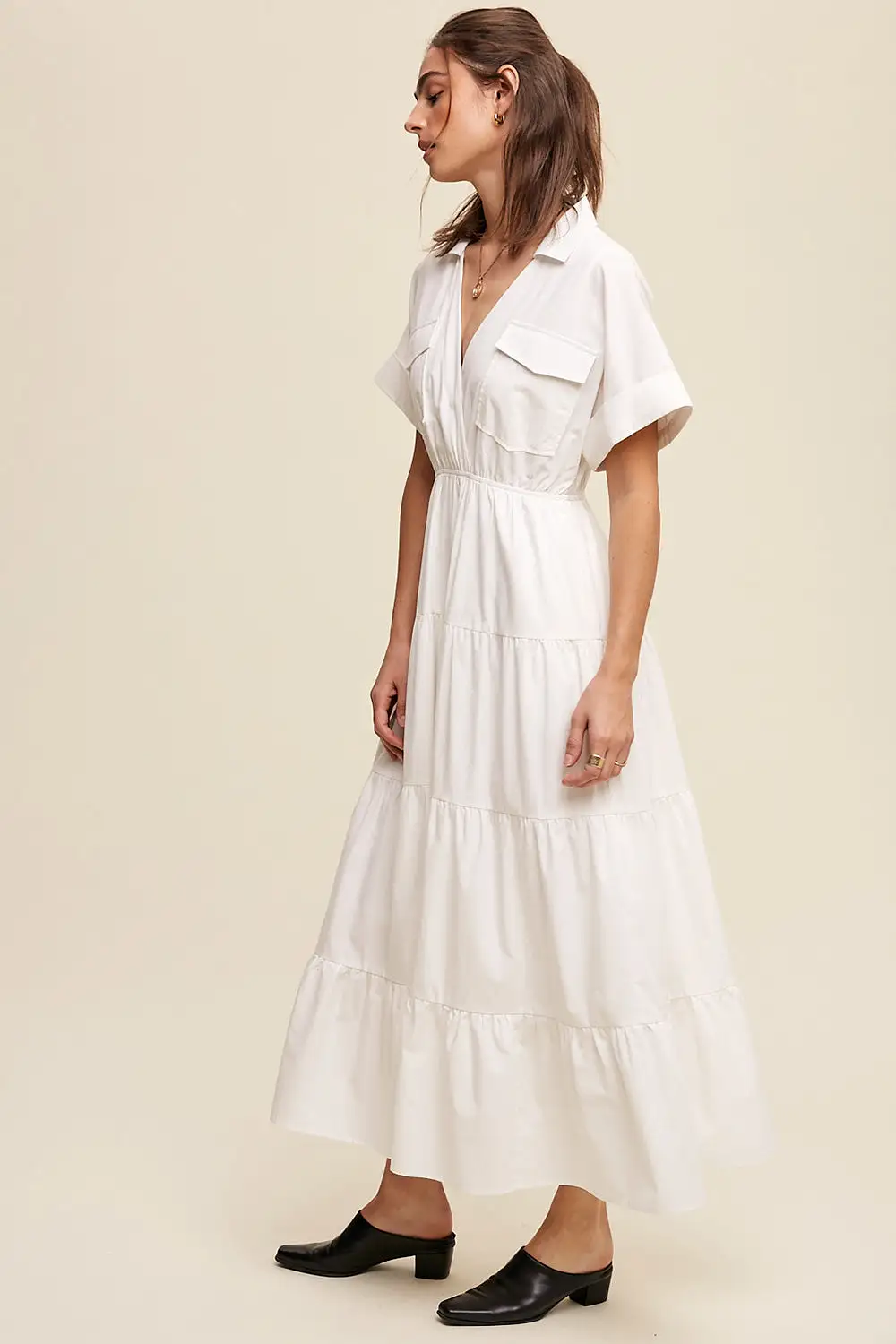 Collared Surplice Neckline Poplin Maxi Dress