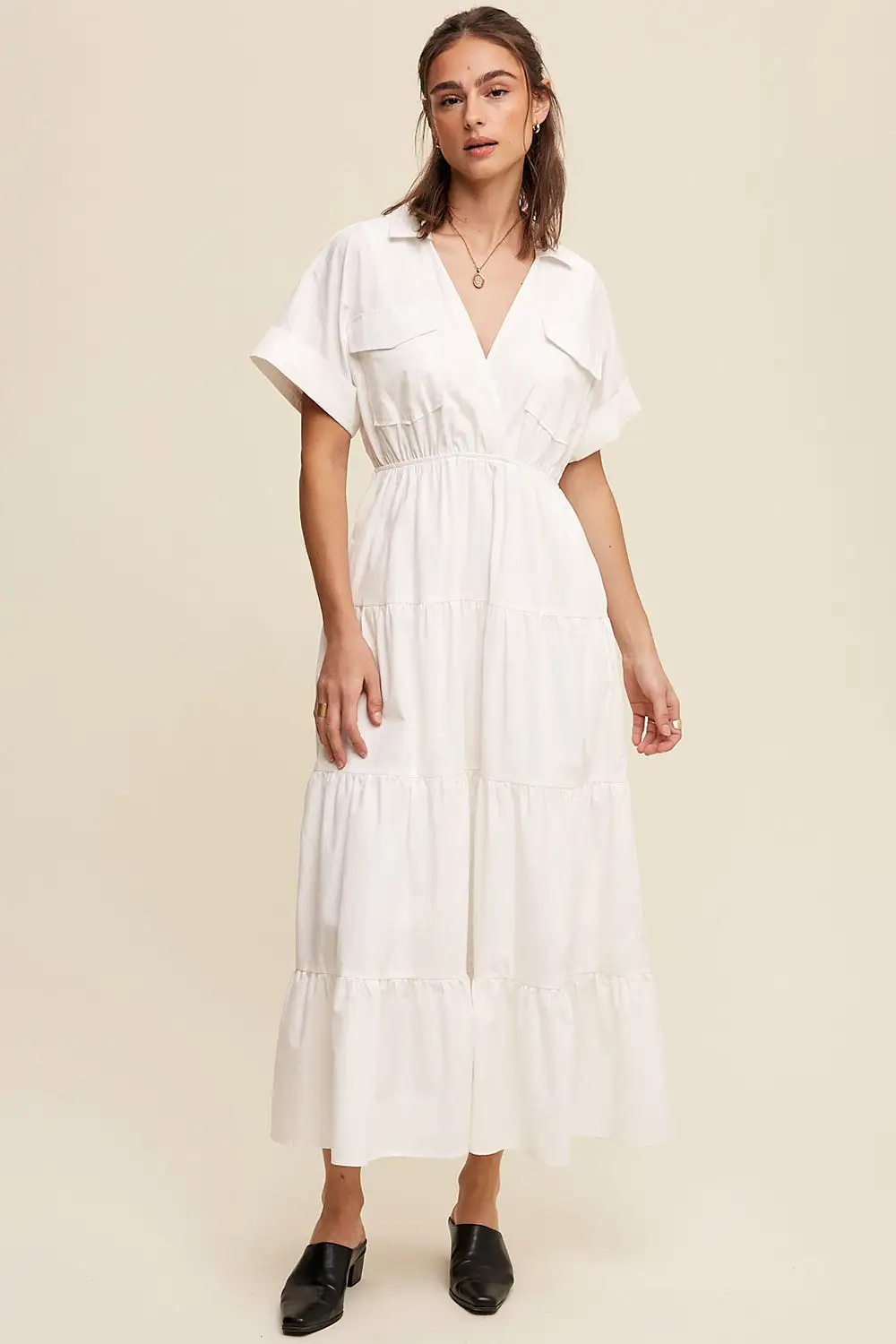 Collared Surplice Neckline Poplin Maxi Dress