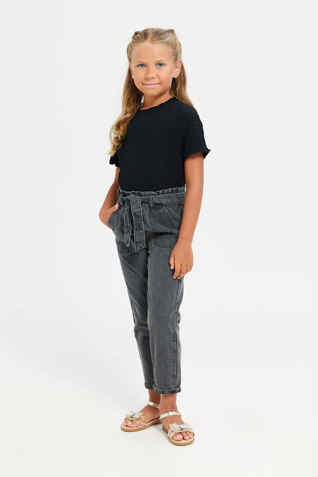 Girls Black Paper Bag Waist Belted Jeans