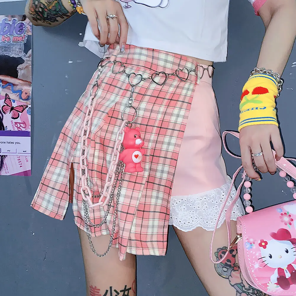 HARAJUKU SWEET SOFT PASTEL PINK PLAID STITCHING SKIRT BY00723