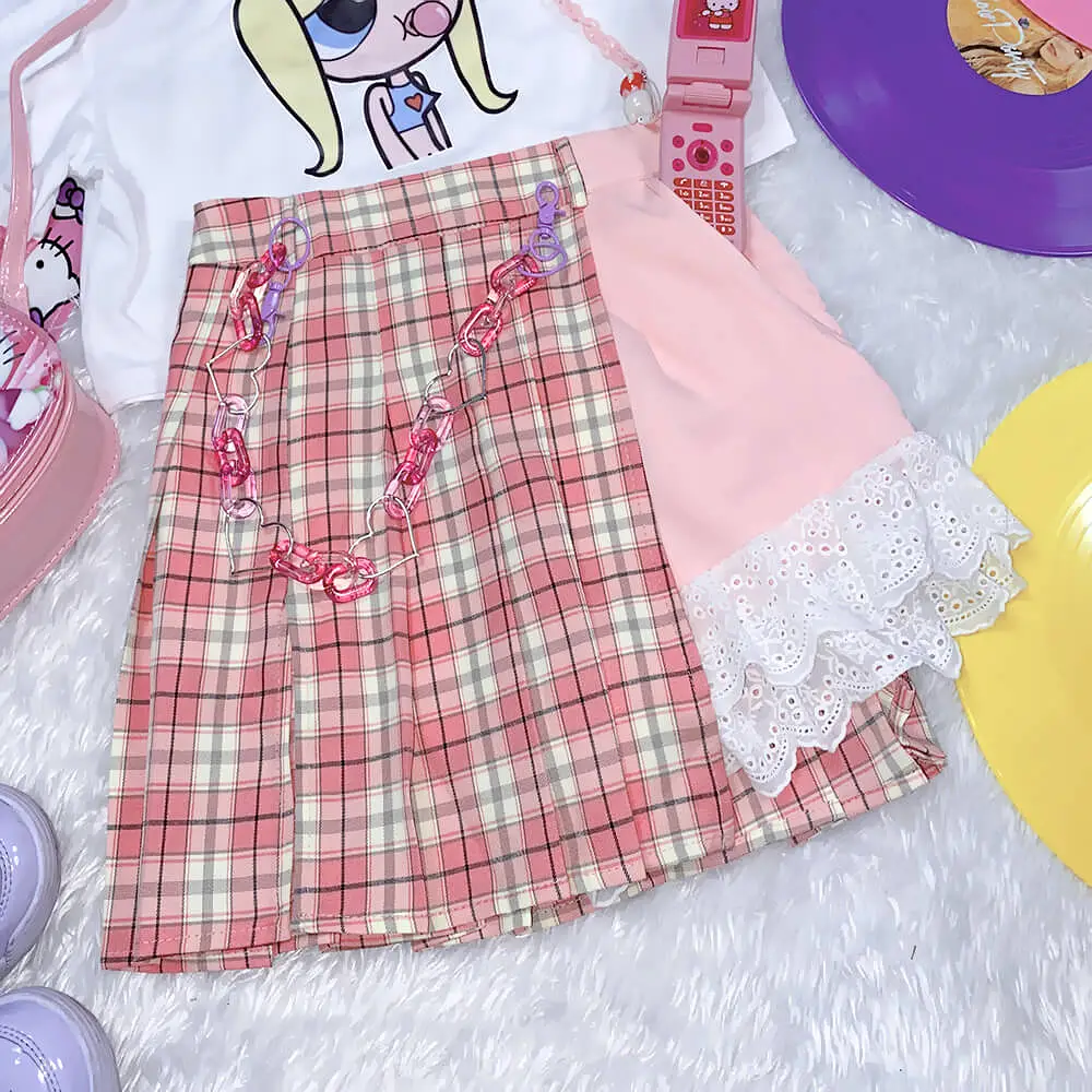 HARAJUKU SWEET SOFT PASTEL PINK PLAID STITCHING SKIRT BY00723