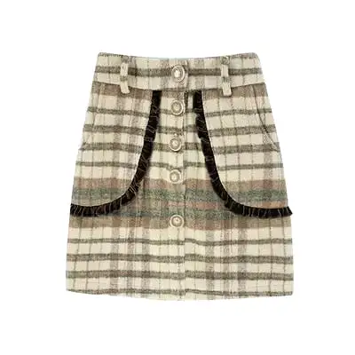 Japanese Fshion Sweet Princess Plaid Wool Short Coat Skirt Suit BM182