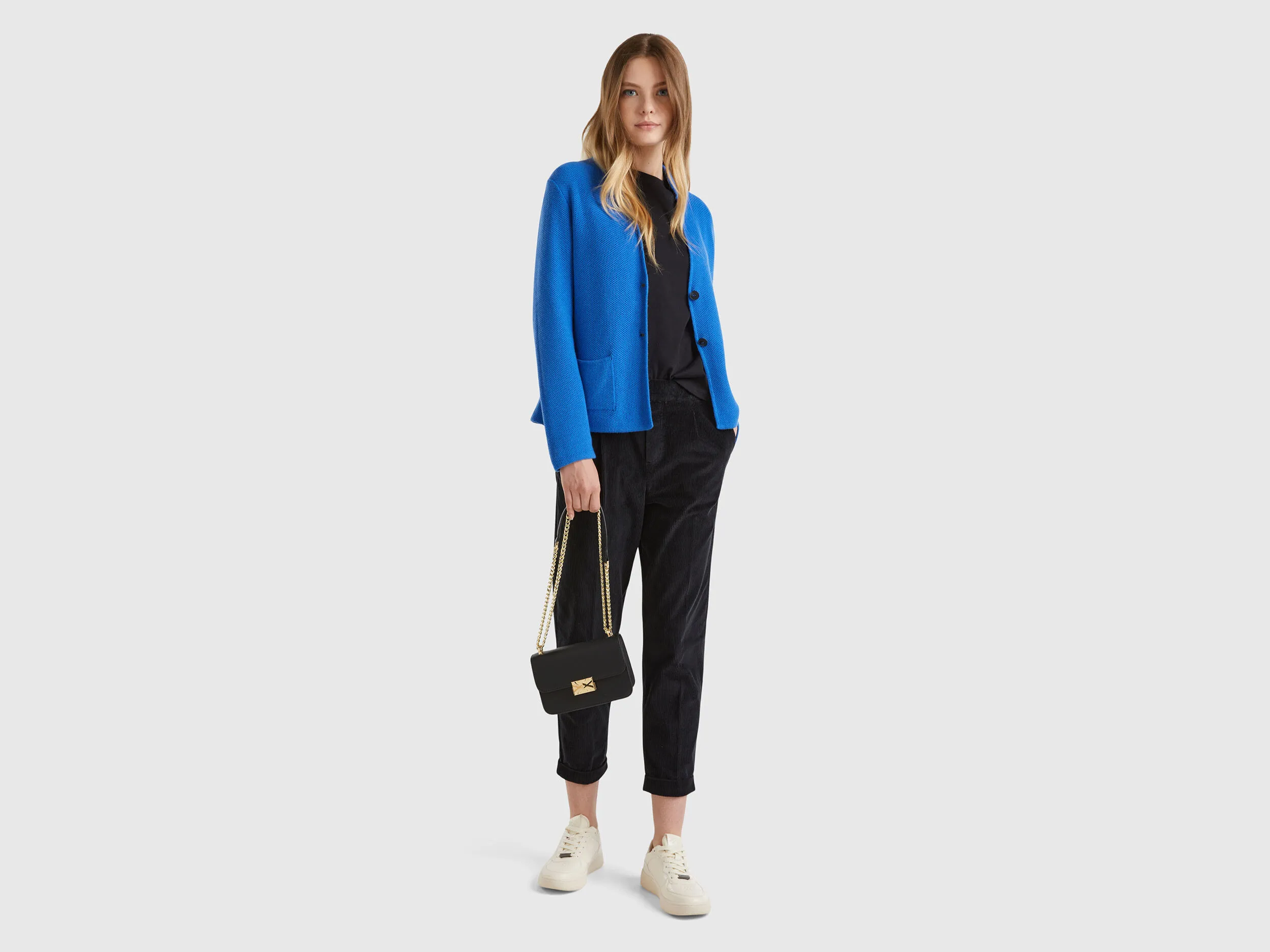 Knit jacket in wool and cashmere blend - Bright Blue | Benetton