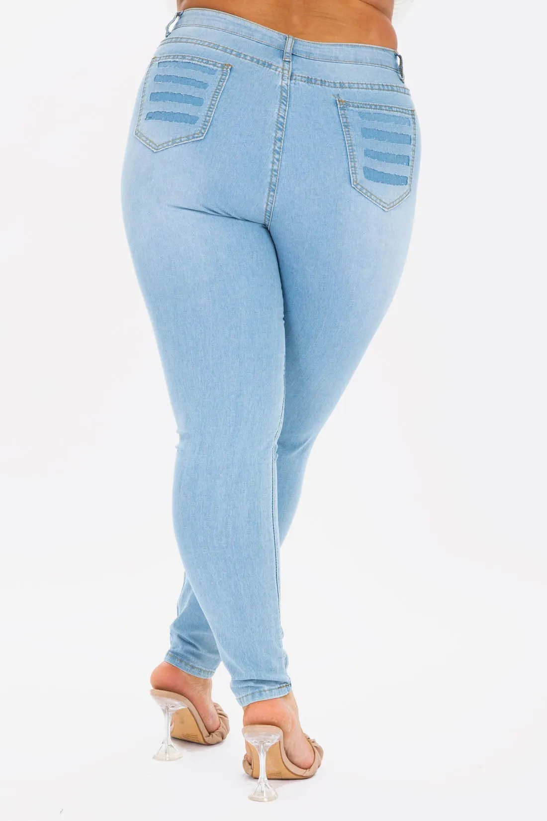 Light Blue Plus Highwted Jeans With Distress On Back Pocket