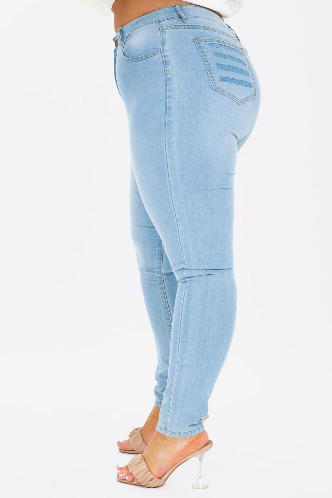 Light Blue Plus Highwted Jeans With Distress On Back Pocket