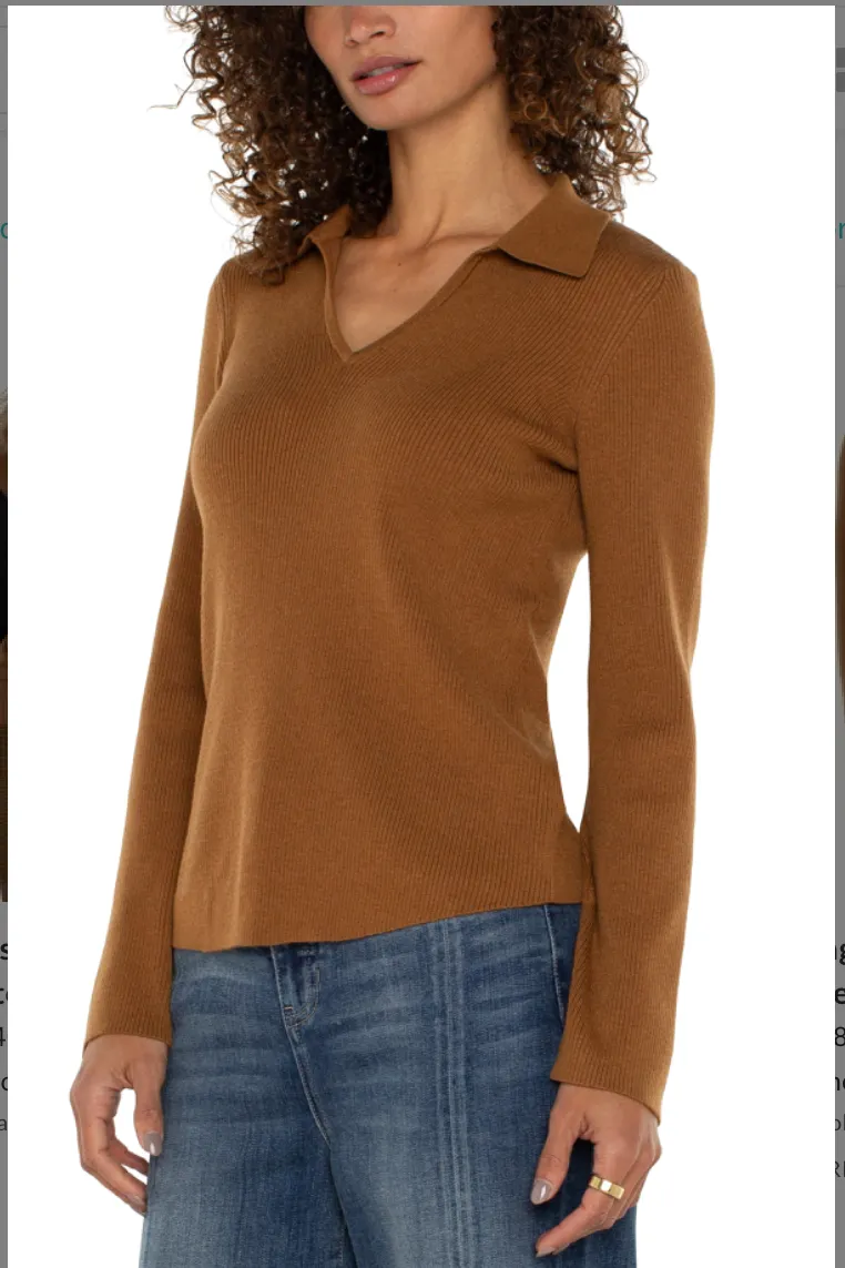 Long Sleeve V-Neck Collared Sweater- Tumeric