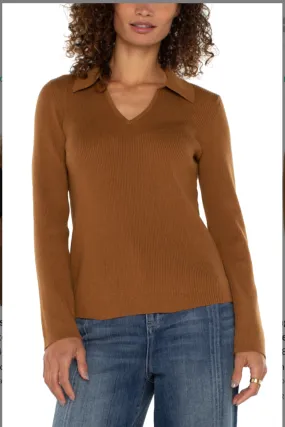 Long Sleeve V-Neck Collared Sweater- Tumeric