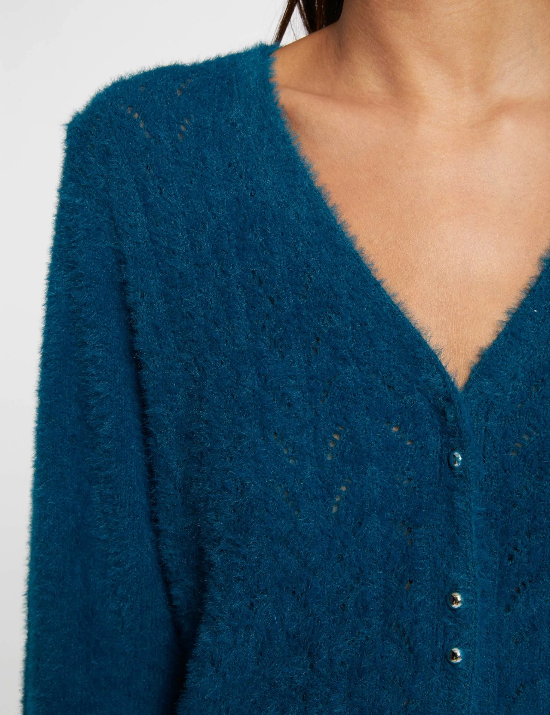 Long-sleeved cardigan openwork details teal women