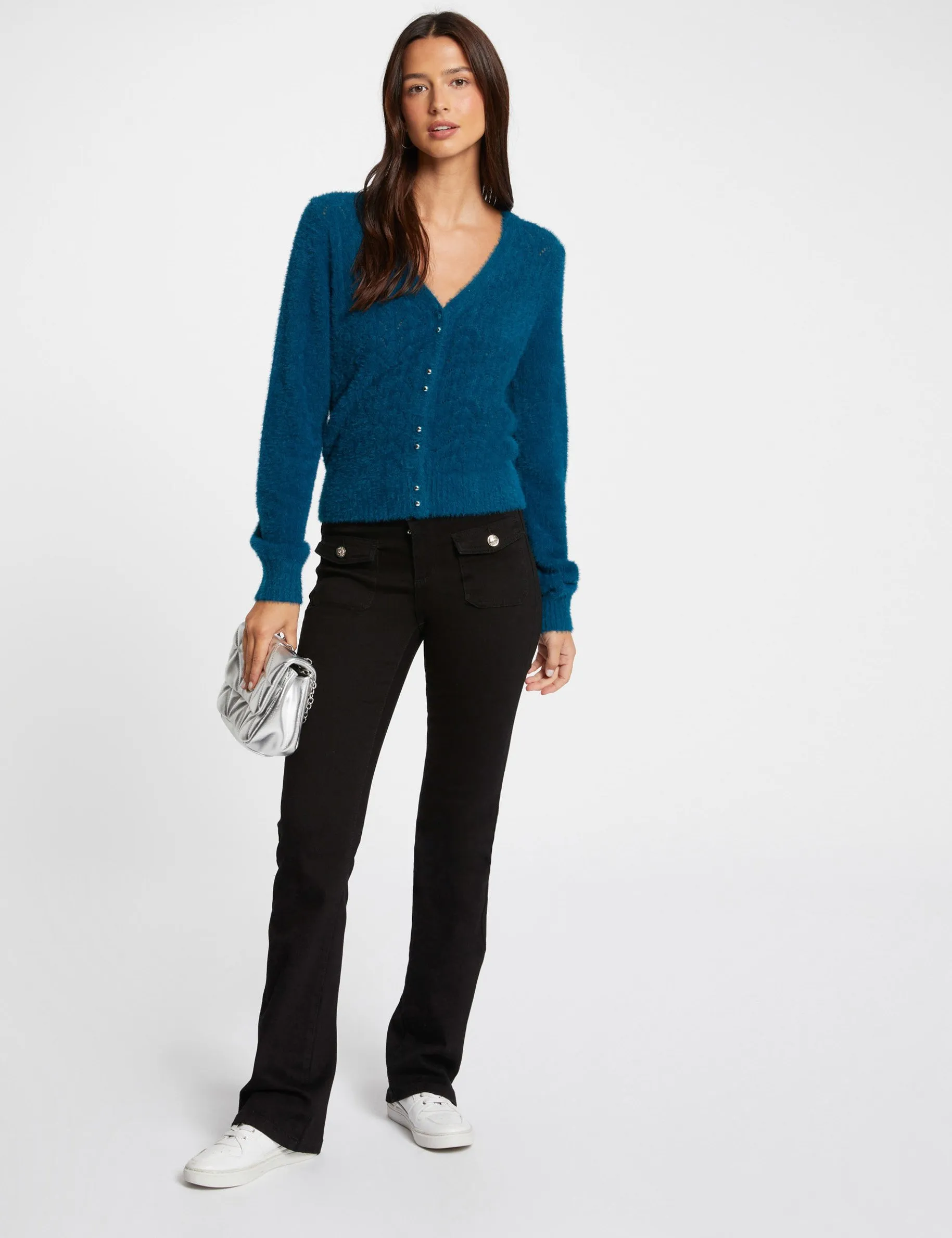 Long-sleeved cardigan openwork details teal women