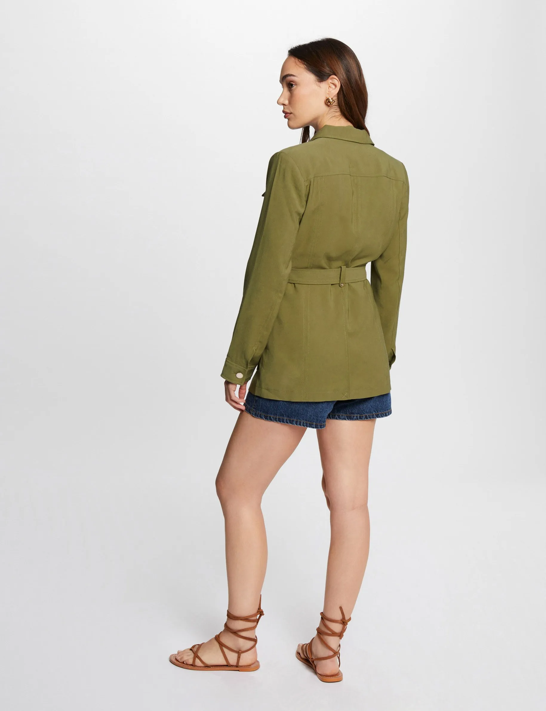 Loose jacket with belt khaki green women