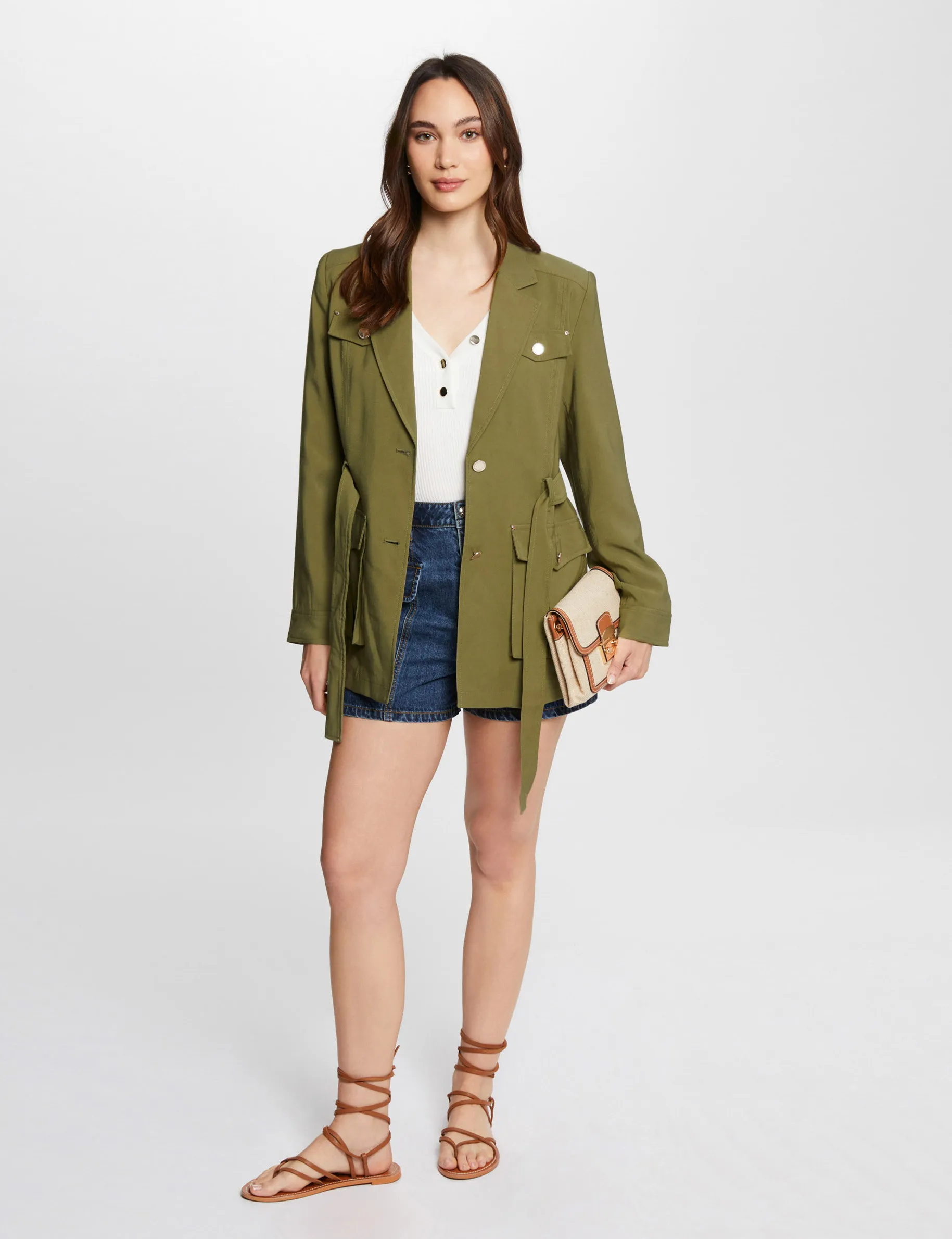 Loose jacket with belt khaki green women