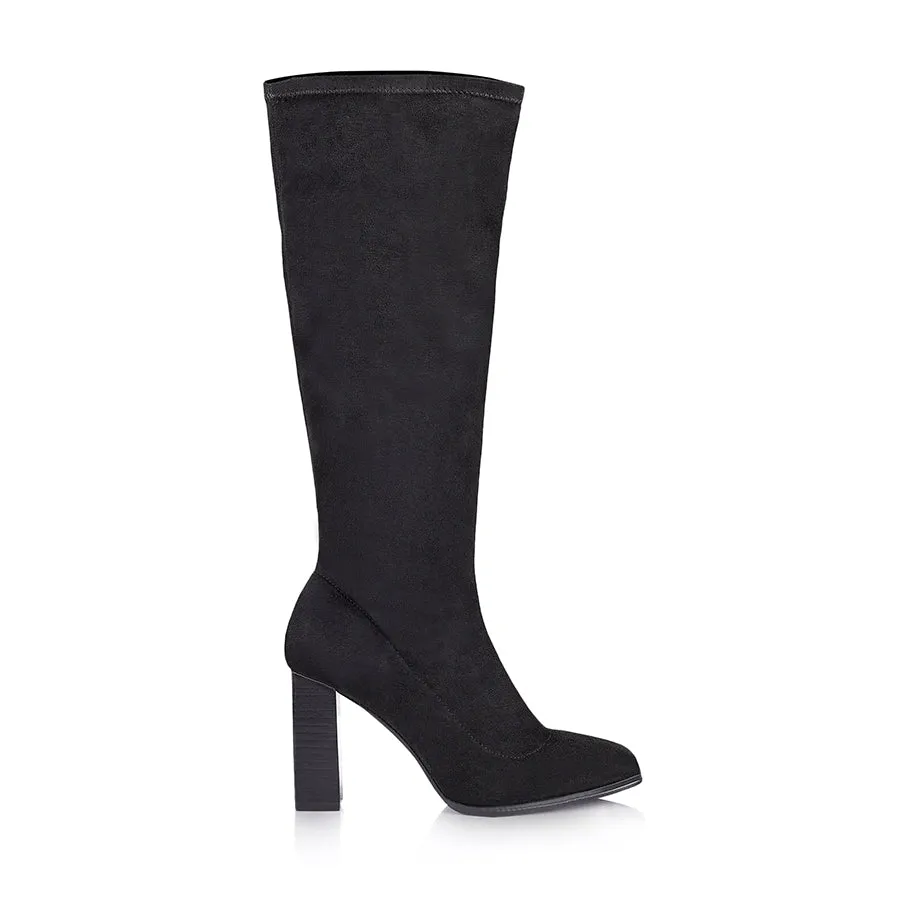 Macey Knee High Boots - Black Stretch Micro