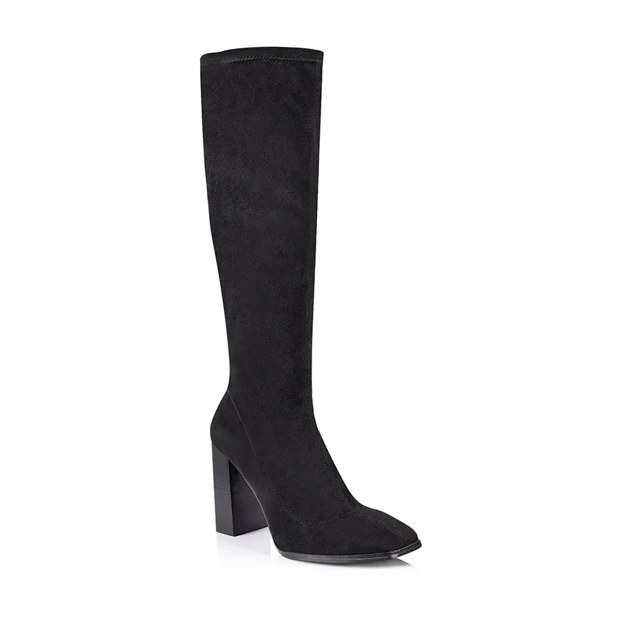 Macey Knee High Boots - Black Stretch Micro