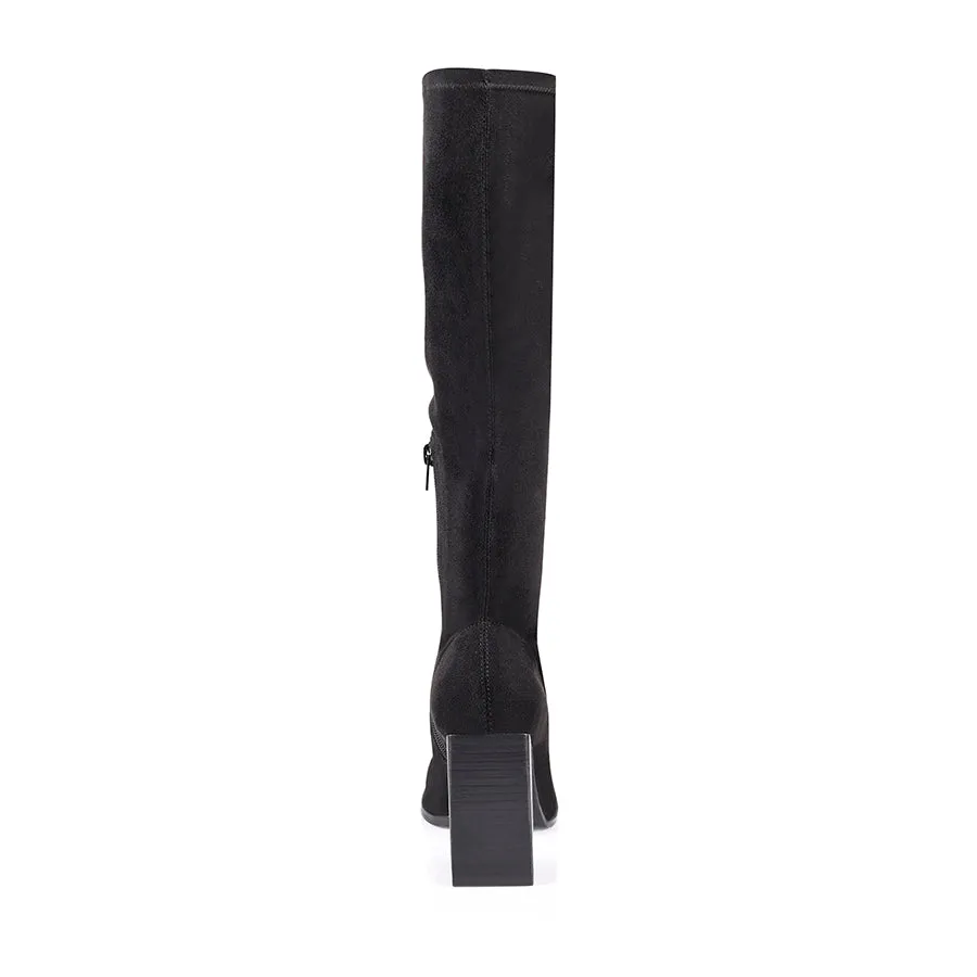 Macey Knee High Boots - Black Stretch Micro