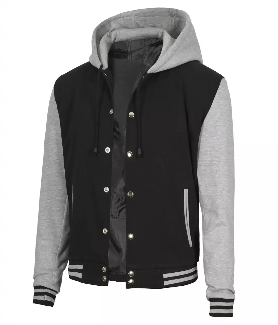 Mens Black and Grey Varsity Jacket with Hood - Baseball College Style