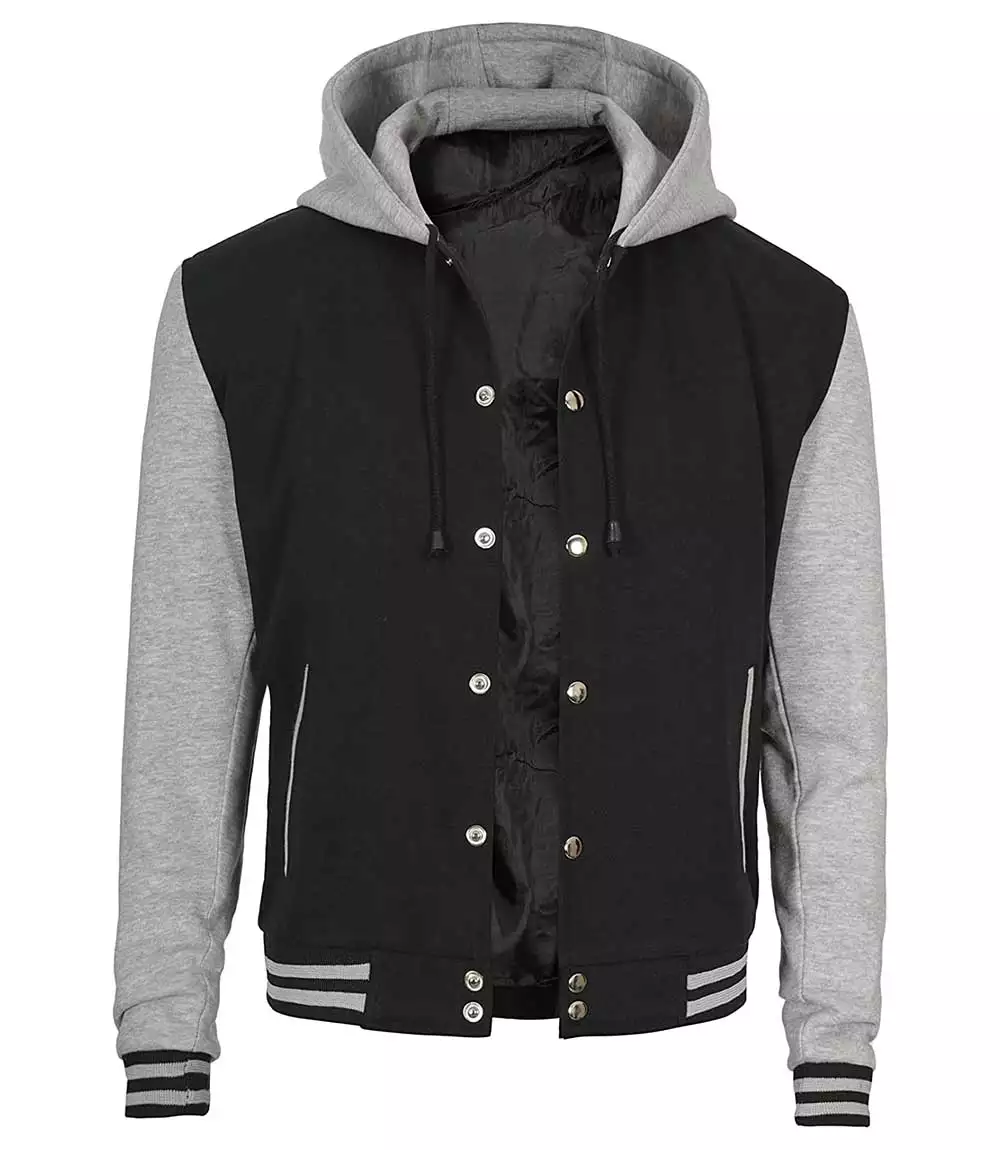 Mens Black and Grey Varsity Jacket with Hood - Baseball College Style