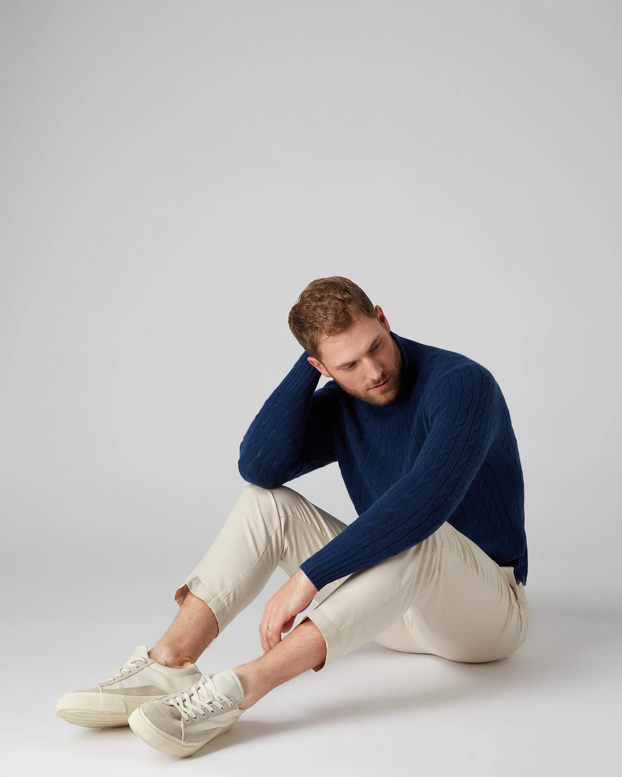 Men's Classic Cable Roll Neck Cashmere Jumper French Blue