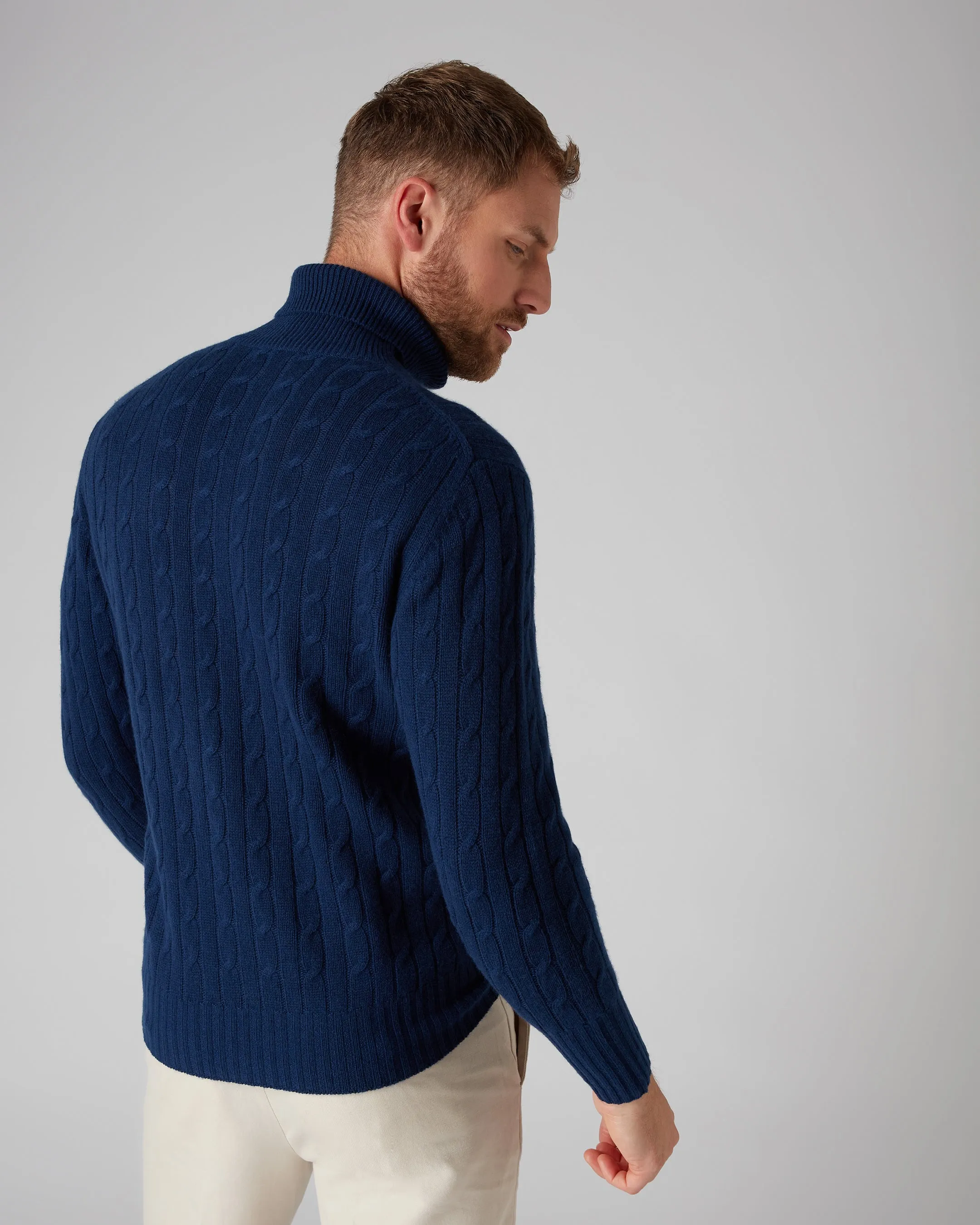 Men's Classic Cable Roll Neck Cashmere Jumper French Blue