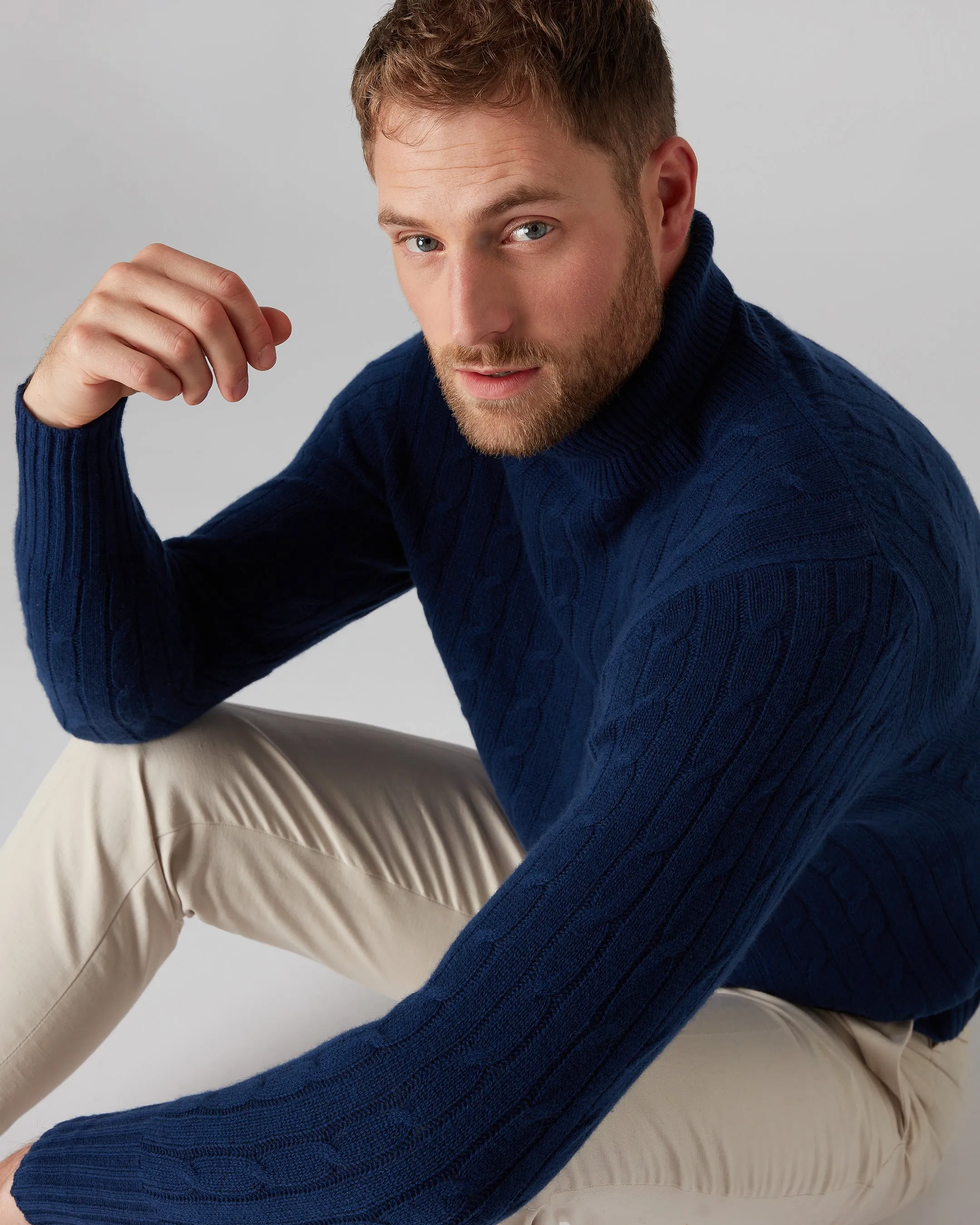 Men's Classic Cable Roll Neck Cashmere Jumper French Blue