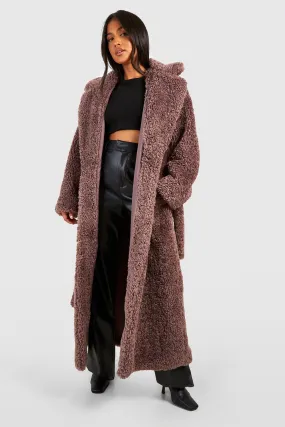 Petite Belted Textured Maxi Fur Coat