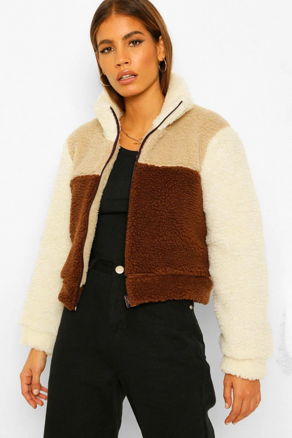 Petite Color Block Teddy Coat