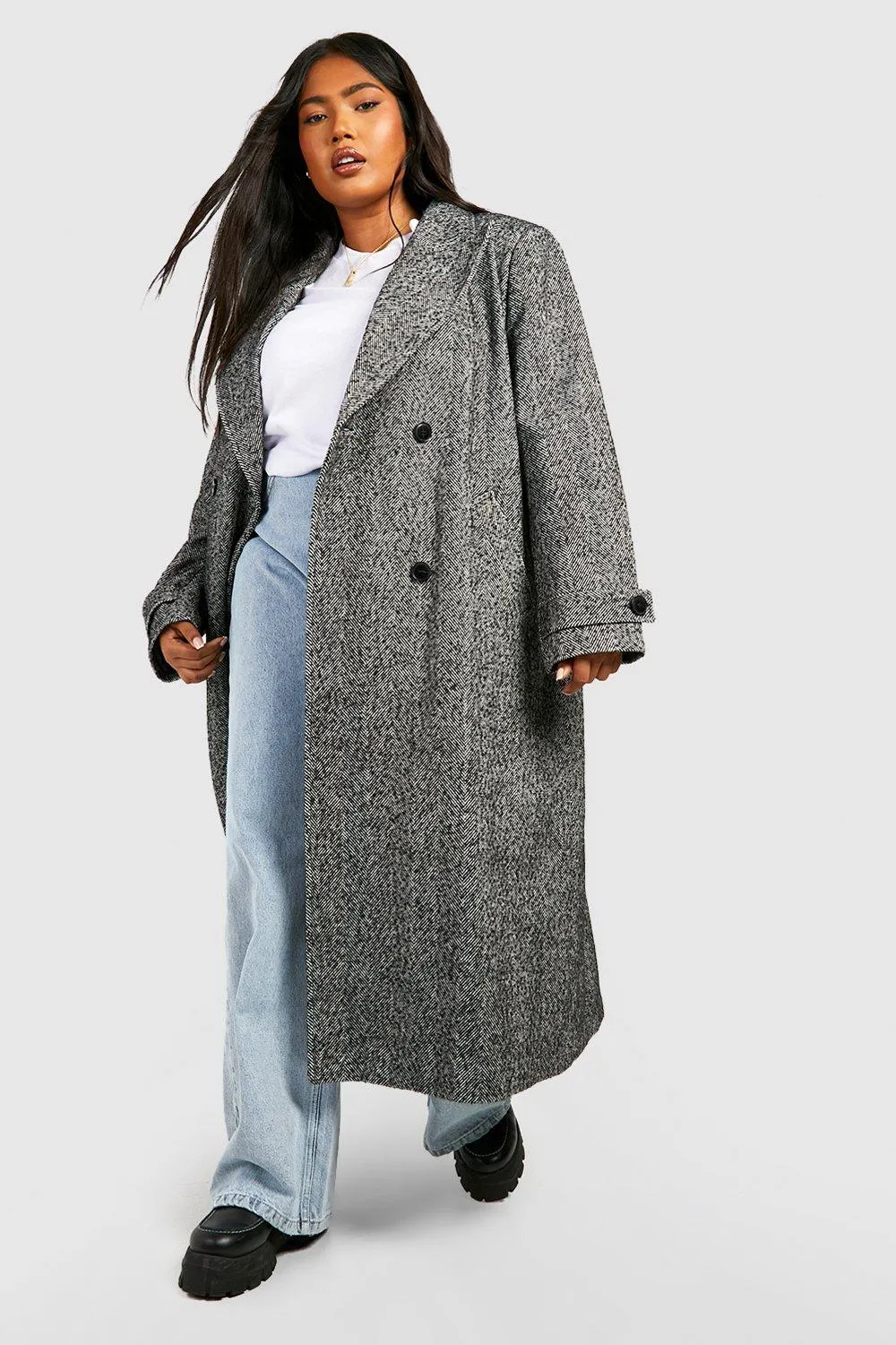 Plus Herringbone Double Breasted Wool Coat