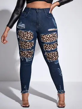 Plus High Waist Leopard Rag Stitching Ripped Frayed Hem Skinny Jeans