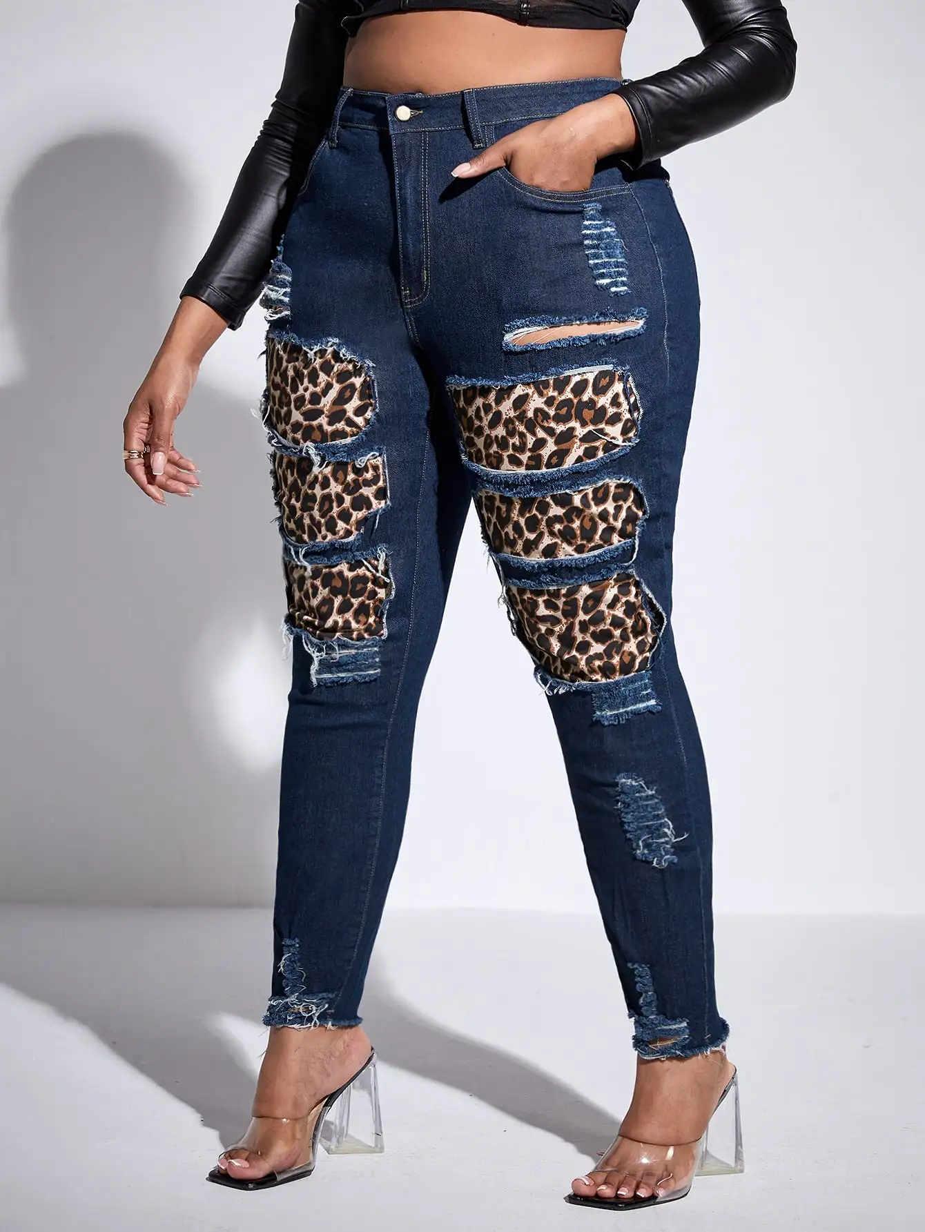 Plus High Waist Leopard Rag Stitching Ripped Frayed Hem Skinny Jeans