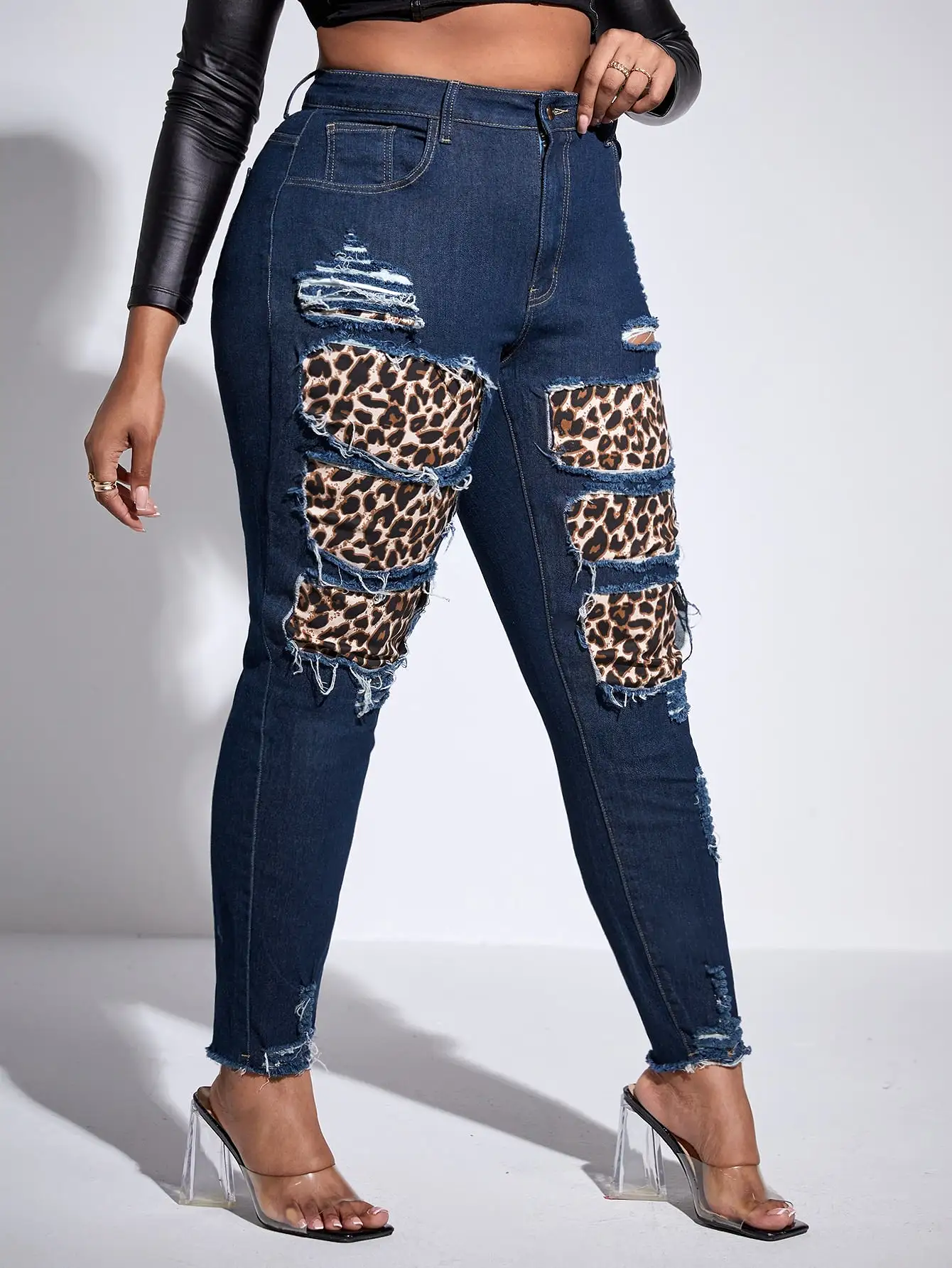 Plus High Waist Leopard Rag Stitching Ripped Frayed Hem Skinny Jeans