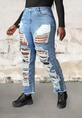 Plus size ripped raw hem jeans