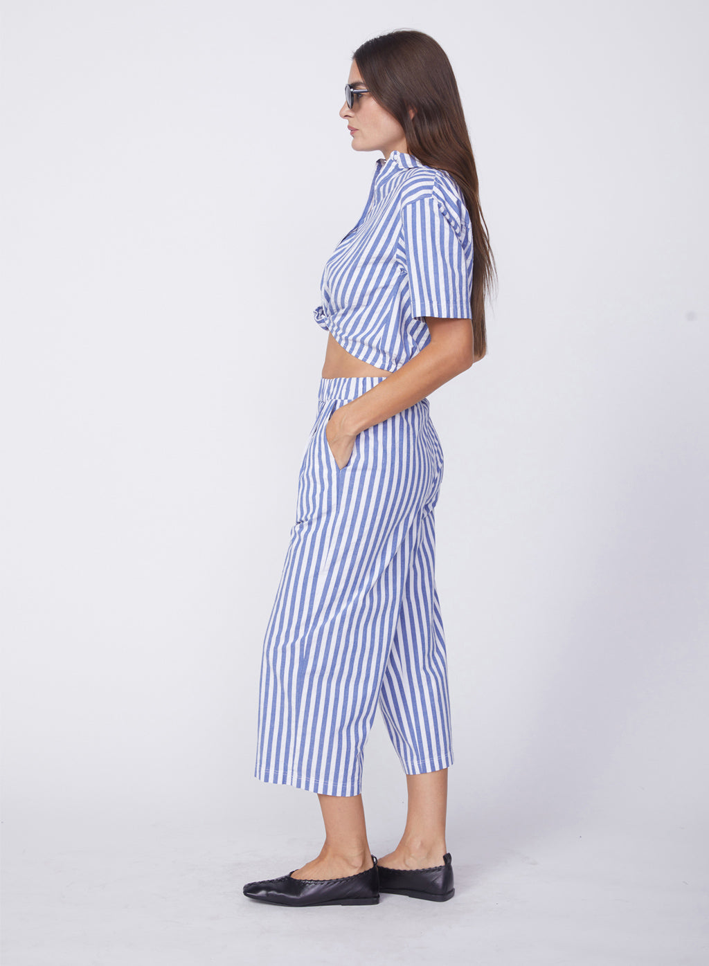 Puckered Stripe Cropped Pant in Navy Stripe