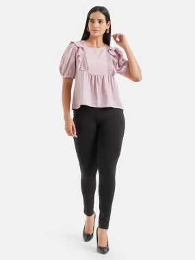 Puff Sleeves Top With Ruffle And Lace Detail