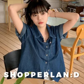 SHOPPERLAND  |Casual Style Denim Street Style Plain Cotton Short Sleeves