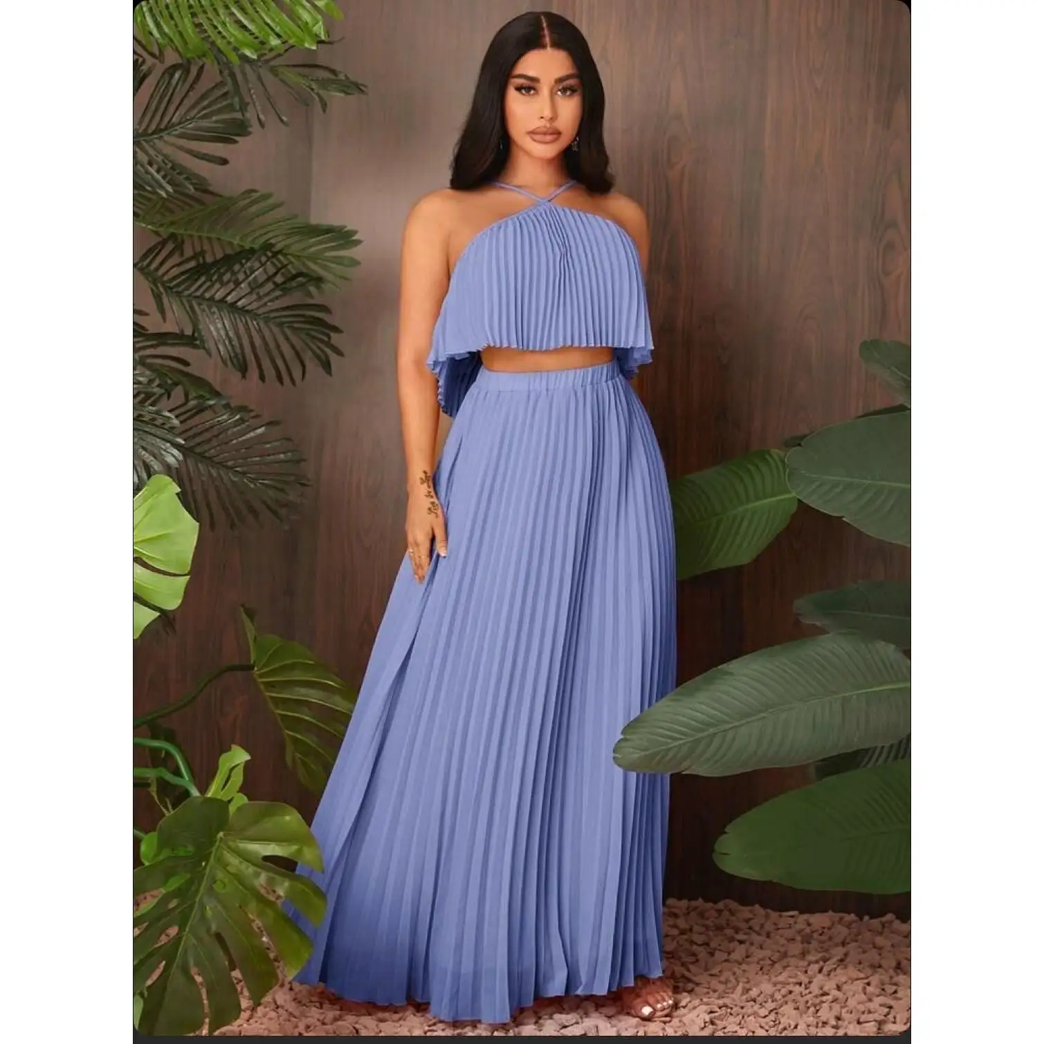 solid pleated halter top & skirt Set