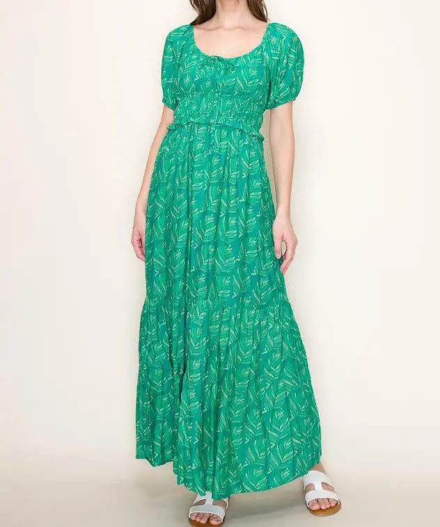 Tiered Floral Print Maxi Dress - Green