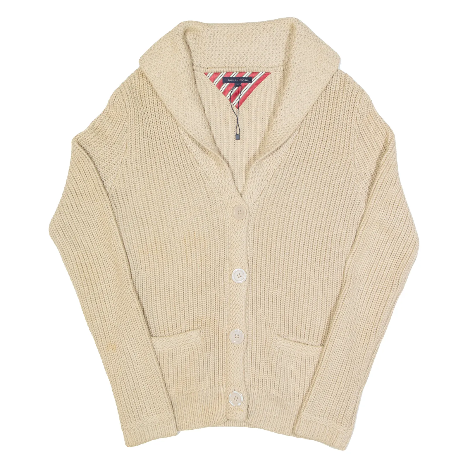 TOMMY HILFIGER Womens Cardigan Beige Collared Cable Knit Wool M