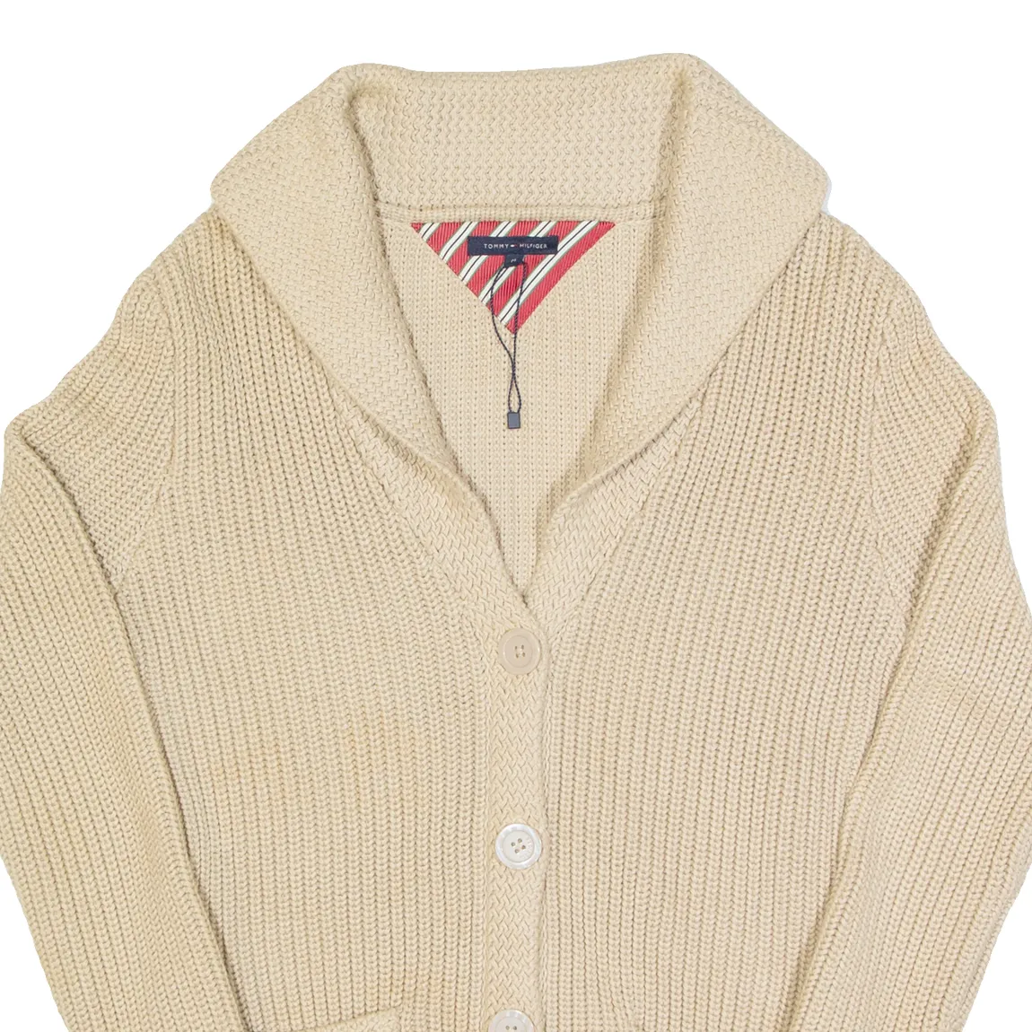 TOMMY HILFIGER Womens Cardigan Beige Collared Cable Knit Wool M