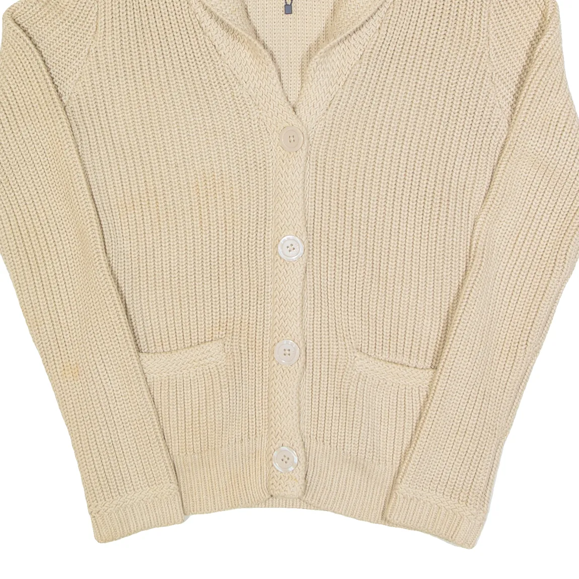 TOMMY HILFIGER Womens Cardigan Beige Collared Cable Knit Wool M