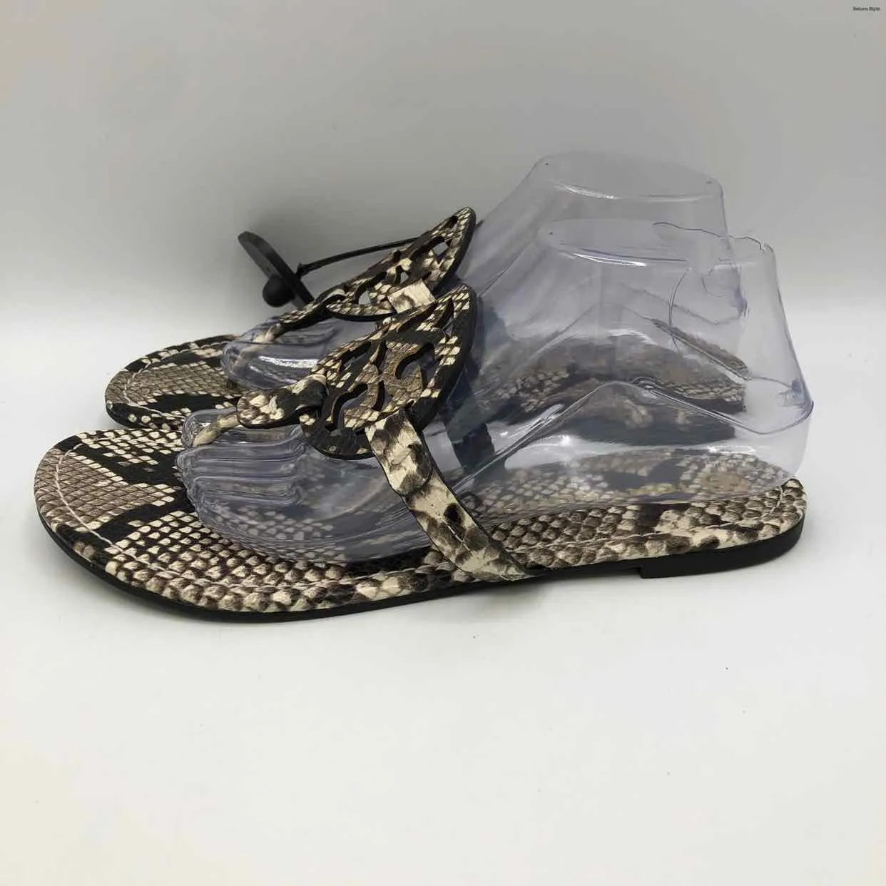 TORY BURCH Gray & Black Ivory Leather Reptile Pattern Thong Sandal Shoes